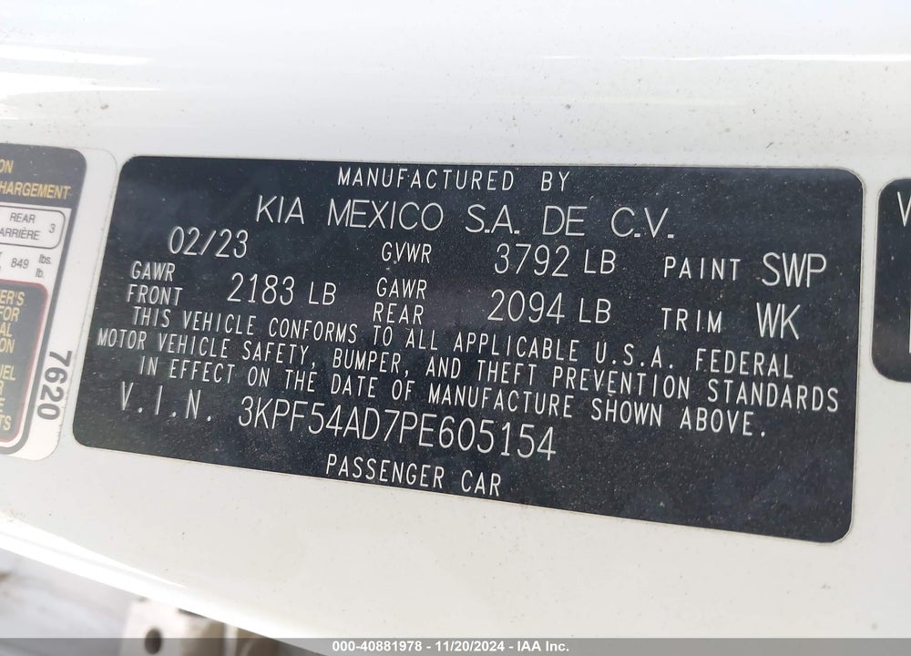2023 KIA FORTE GT LINE VIN: 3KPF54AD7PE605154