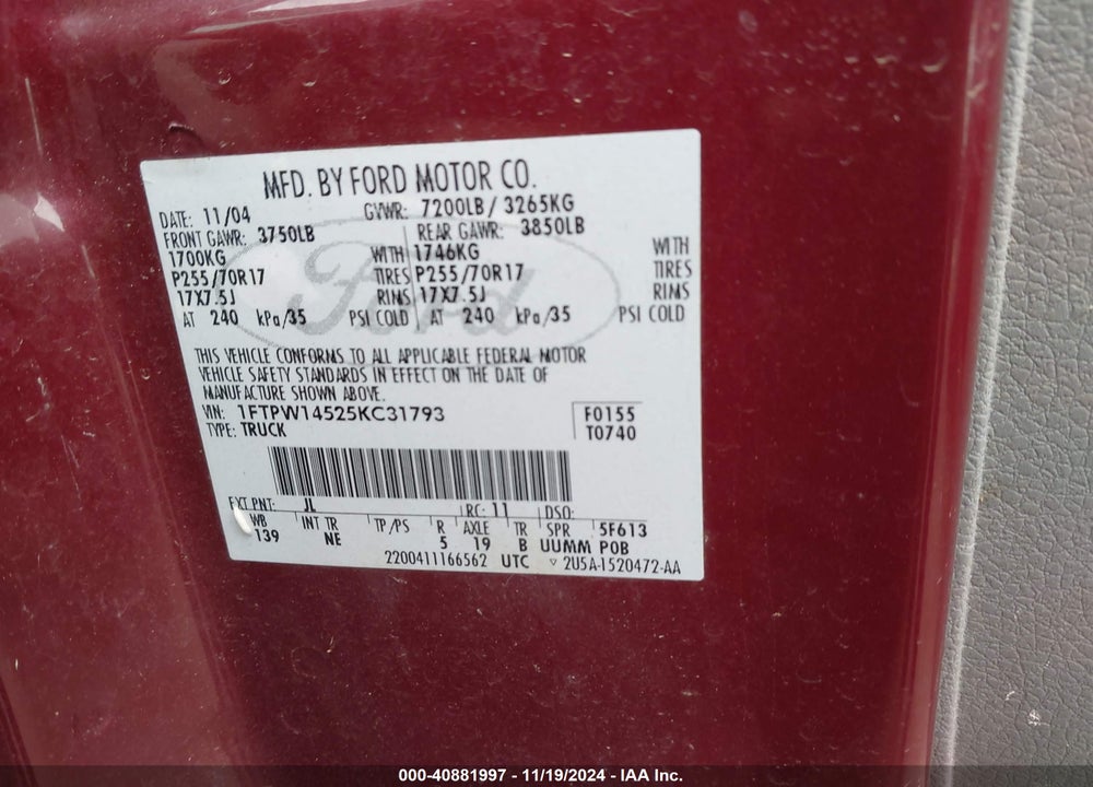 2005 FORD F-150 FX4/LARIAT/XLT VIN: 1FTPW14525KC31793