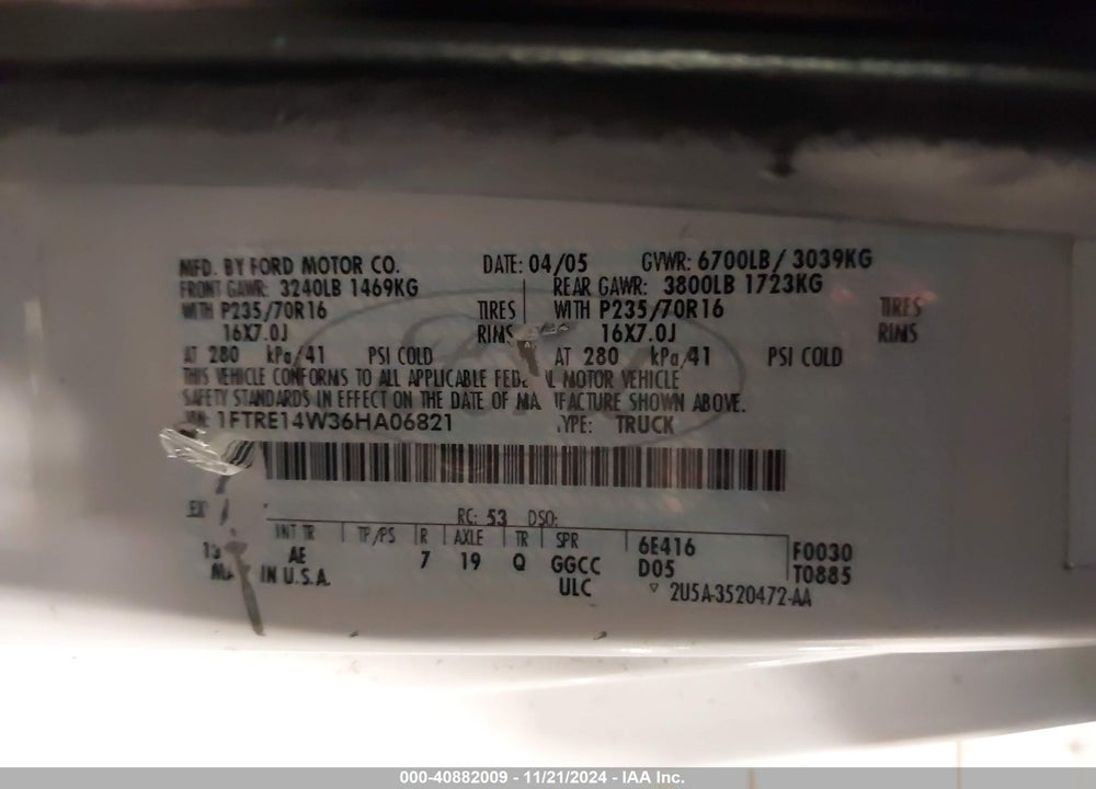 2006 FORD E-150 COMMERCIAL/RECREATIONAL VIN: 1FTRE14W36HA06821