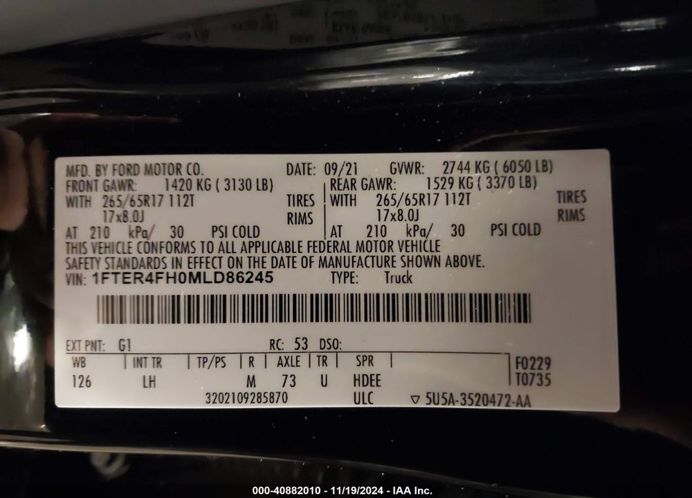 2021 FORD RANGER XLT VIN: 1FTER4FH0MLD86245