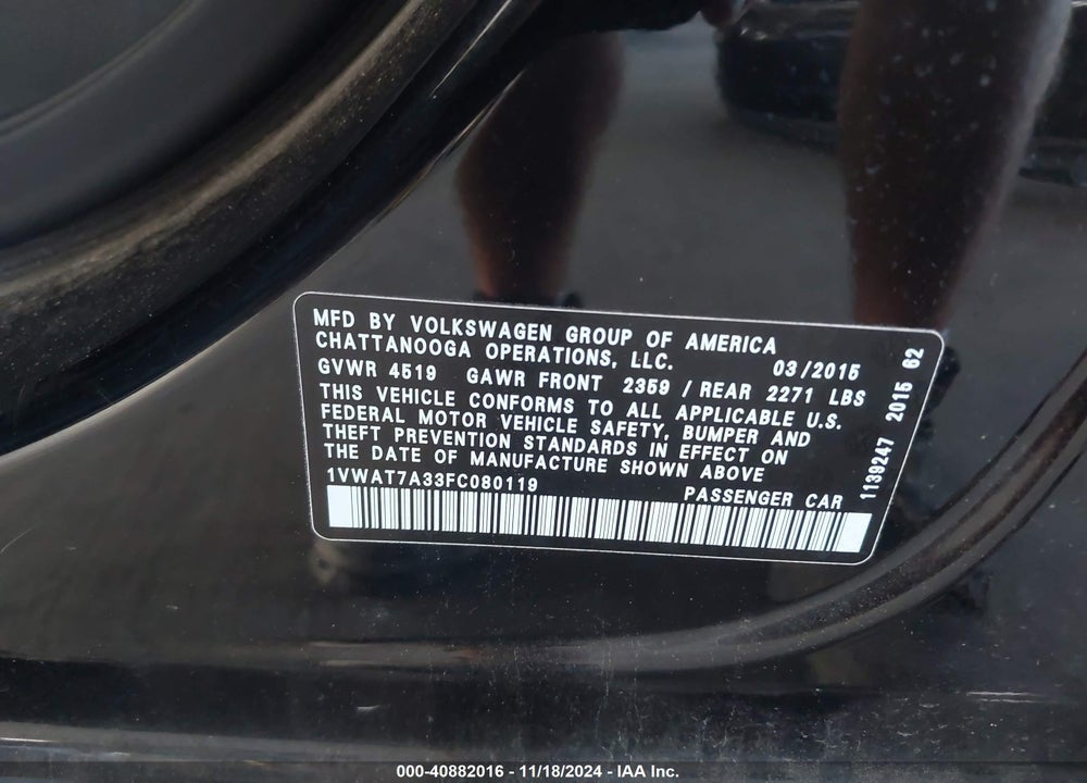 2015 VOLKSWAGEN PASSAT 1.8T LIMITED EDITION VIN: 1VWAT7A33FC080119