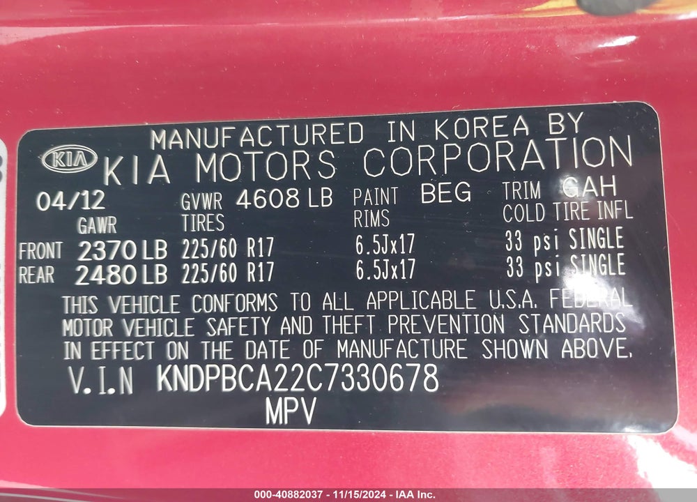 2012 KIA SPORTAGE LX VIN: KNDPBCA22C7330678