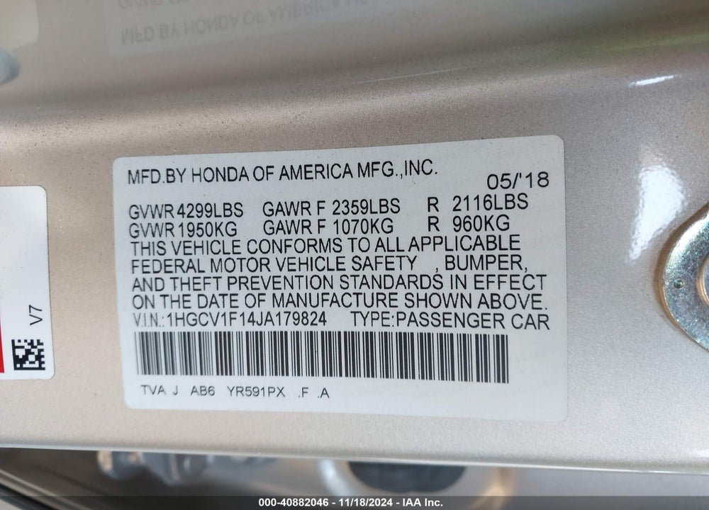2018 HONDA ACCORD LX VIN: 1HGCV1F14JA179824