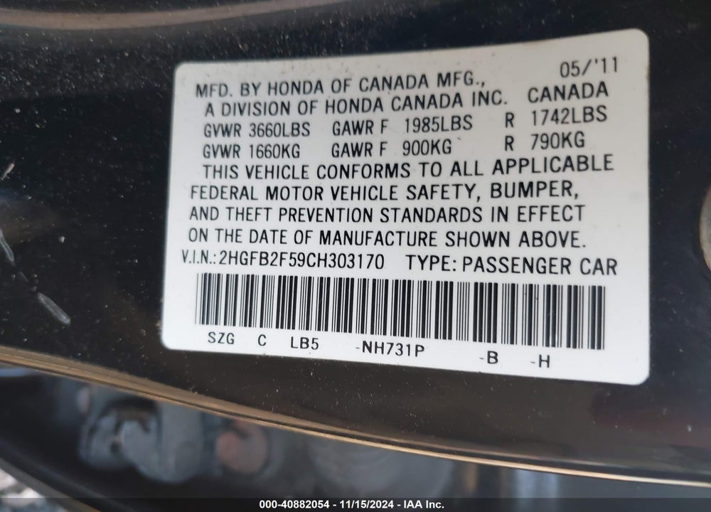 2012 HONDA CIVIC LX VIN: 2HGFB2F59CH303170