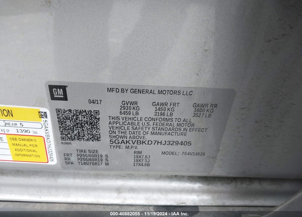 2017 BUICK ENCLAVE LEATHER VIN: 5GAKVBKD7HJ329405