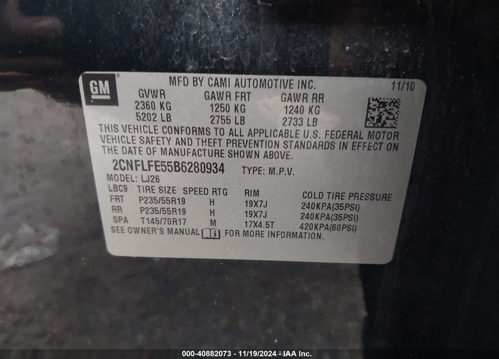 2011 CHEVROLET EQUINOX LTZ VIN: 2CNFLFE55B6280934