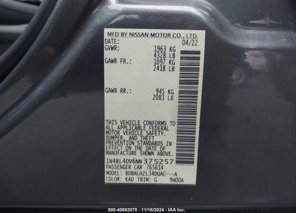 2022 NISSAN ALTIMA SV FWD VIN: 1N4BL4DV6NN375257