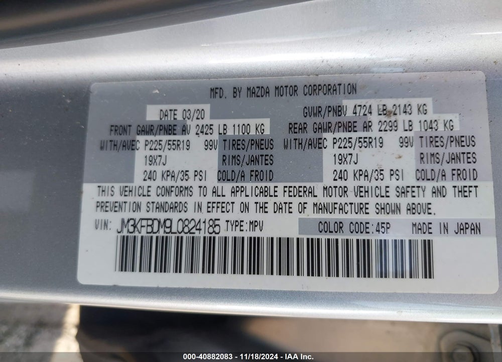 2020 MAZDA CX-5 GRAND TOURING VIN: JM3KFBDM9L0824185