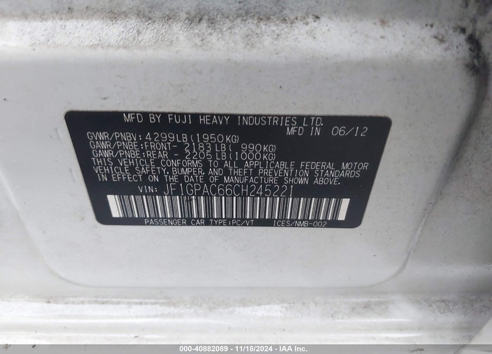 2012 SUBARU IMPREZA 2.0I PREMIUM VIN: JF1GPAC66CH245221