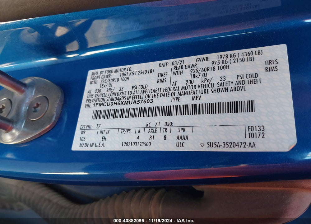 2021 FORD ESCAPE SEL VIN: 1FMCU0H6XMUA57603