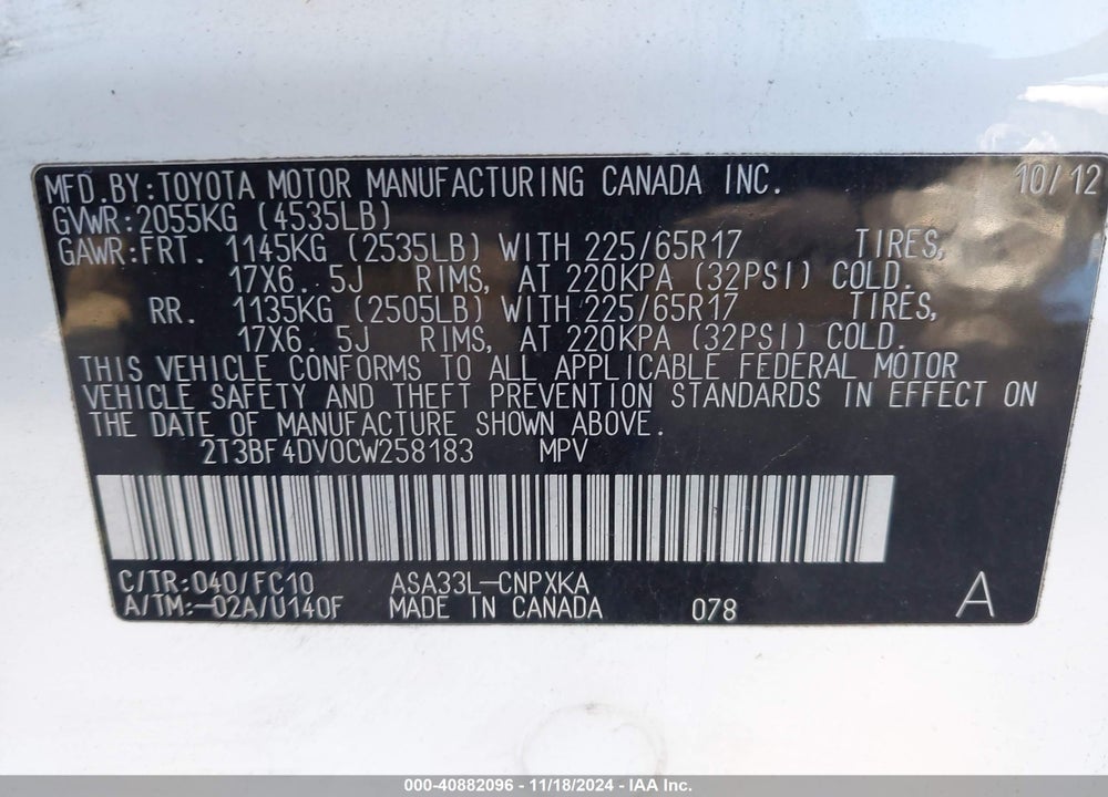 2012 TOYOTA RAV4 VIN: 2T3BF4DV0CW258183
