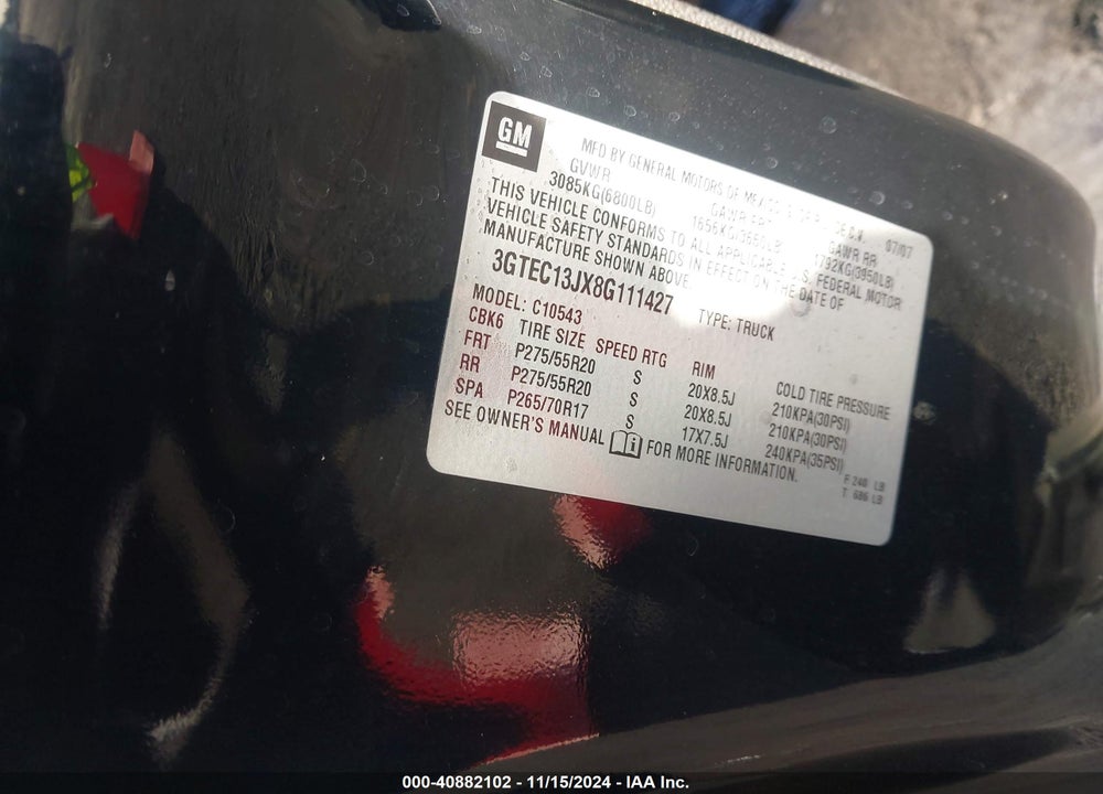 2008 GMC SIERRA 1500 SLE2 VIN: 3GTEC13JX8G111427