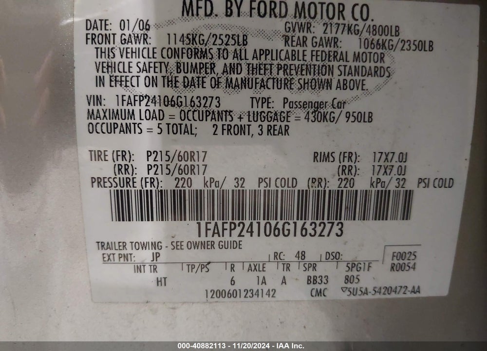 2006 FORD FIVE HUNDRED SEL VIN: 1FAFP24106G163273