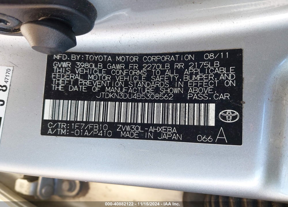2011 TOYOTA PRIUS TWO VIN: JTDKN3DU4B5308562