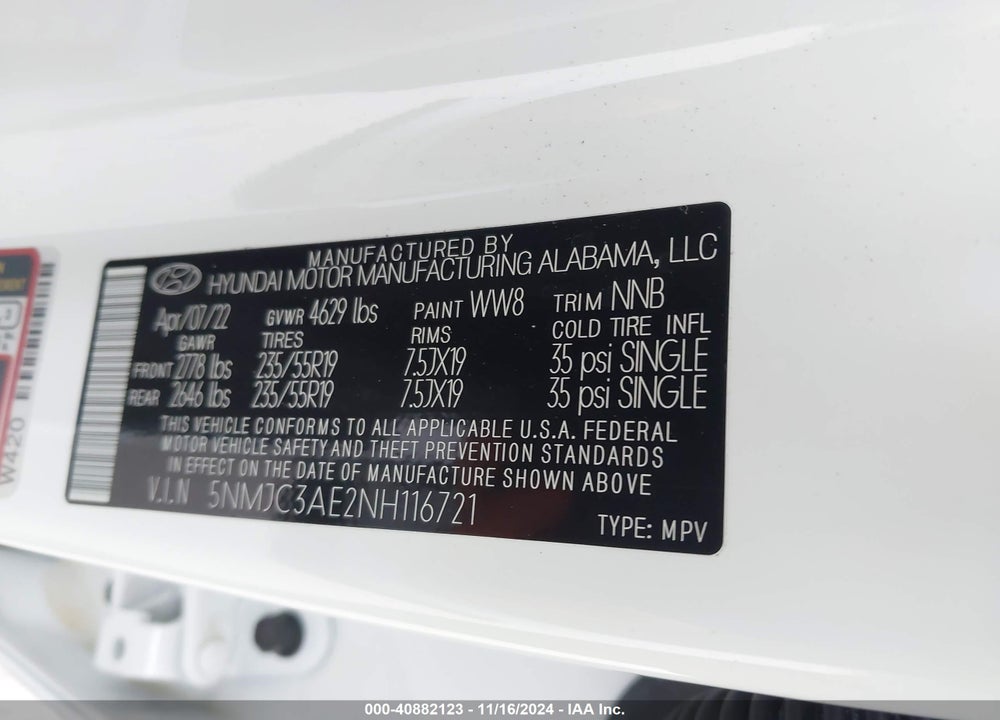 2022 HYUNDAI TUCSON SEL VIN: 5NMJC3AE2NH116721