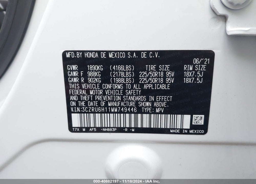2021 HONDA HR-V AWD SPORT VIN: 3CZRU6H11MM749446