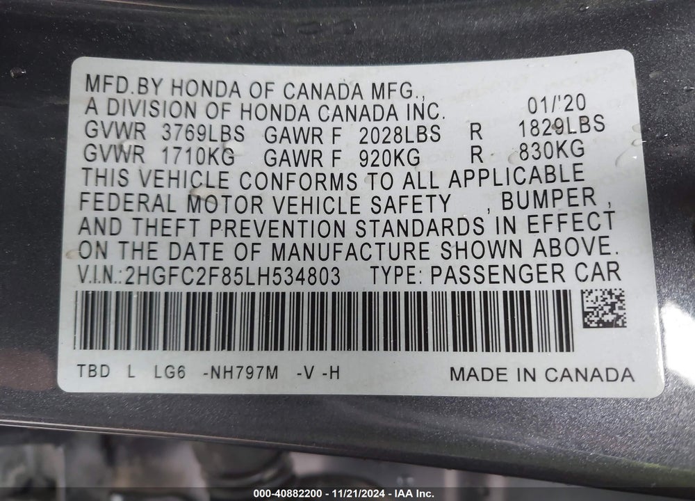 2020 HONDA CIVIC SPORT VIN: 2HGFC2F85LH534803