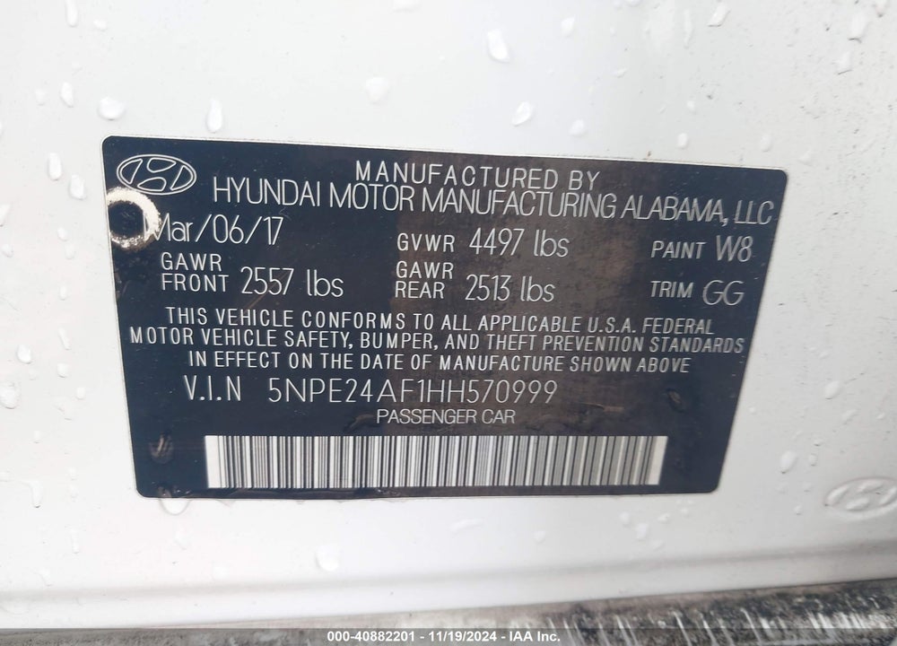 2017 HYUNDAI SONATA VIN: 5NPE24AF1HH570999