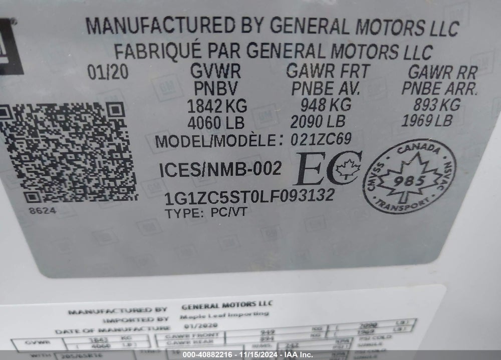 2020 CHEVROLET MALIBU FWD 1FL VIN: 1G1ZC5ST0LF093132