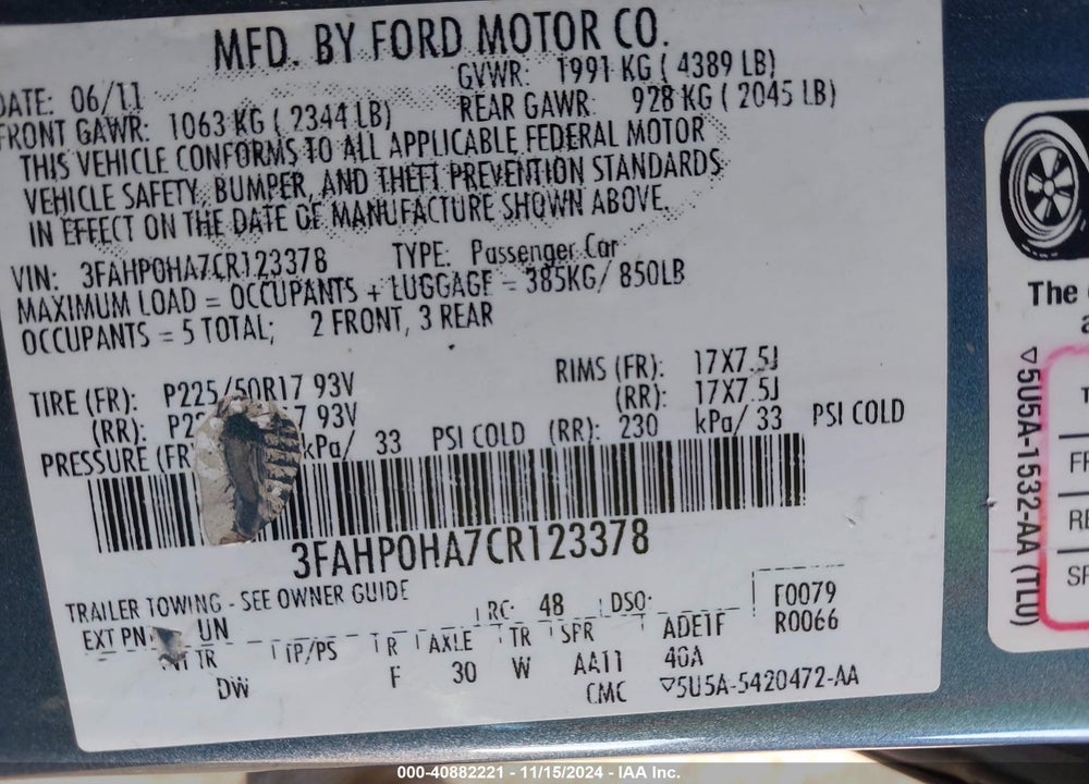 2012 FORD FUSION SE VIN: 3FAHP0HA7CR123378