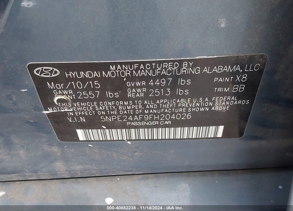 2015 HYUNDAI SONATA SE VIN: 5NPE24AF9FH204026