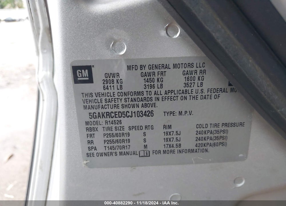 2012 BUICK ENCLAVE LEATHER VIN: 5GAKRCED5CJ103426