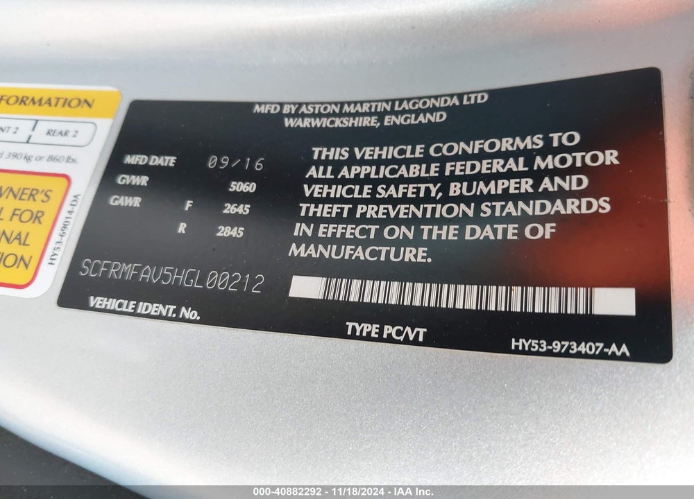 2017 ASTON MARTIN DB11 LAUNCH EDITION VIN: SCFRMFAV5HGL00212