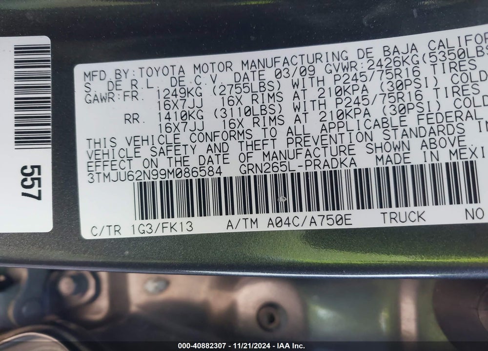 2009 TOYOTA TACOMA PRERUNNER V6 VIN: 3TMJU62N99M086584