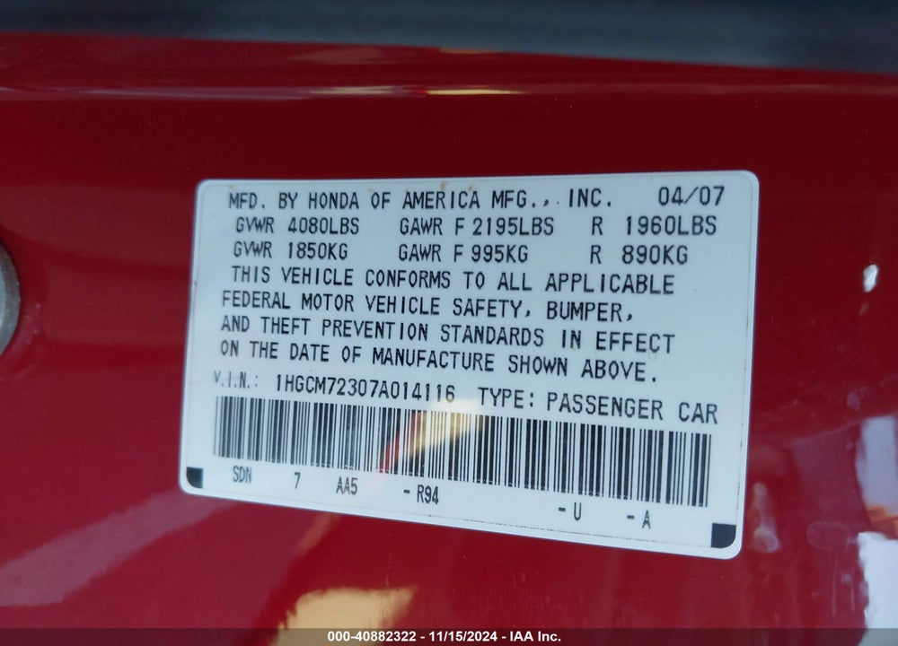 2007 HONDA ACCORD 2.4 LX VIN: 1HGCM72307A014116