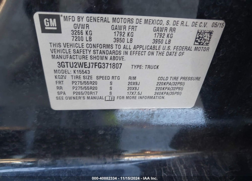 2015 GMC SIERRA 1500 DENALI VIN: 3GTU2WEJ7FG371807
