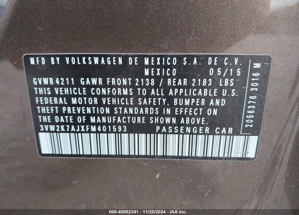 2015 VOLKSWAGEN JETTA 2.0L S VIN: 3VW2K7AJXFM401593