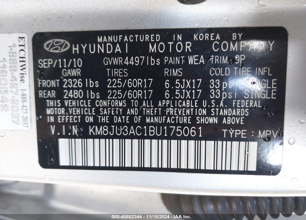 2011 HYUNDAI TUCSON GLS VIN: KM8JU3AC1BU175061
