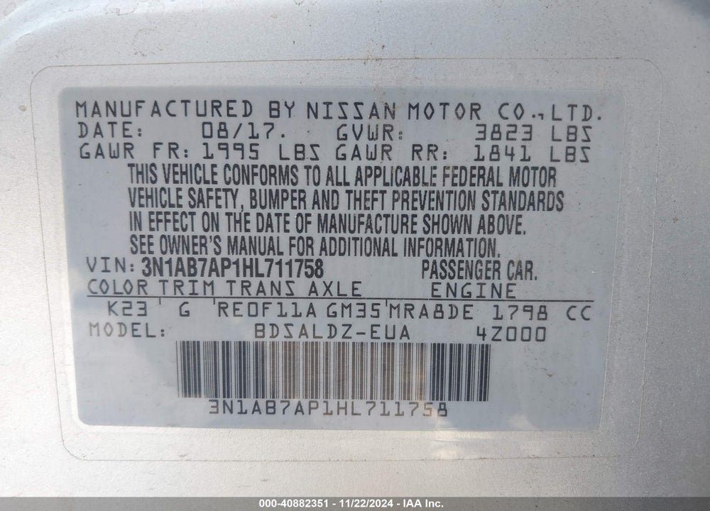 2017 NISSAN SENTRA SV VIN: 3N1AB7AP1HL711758