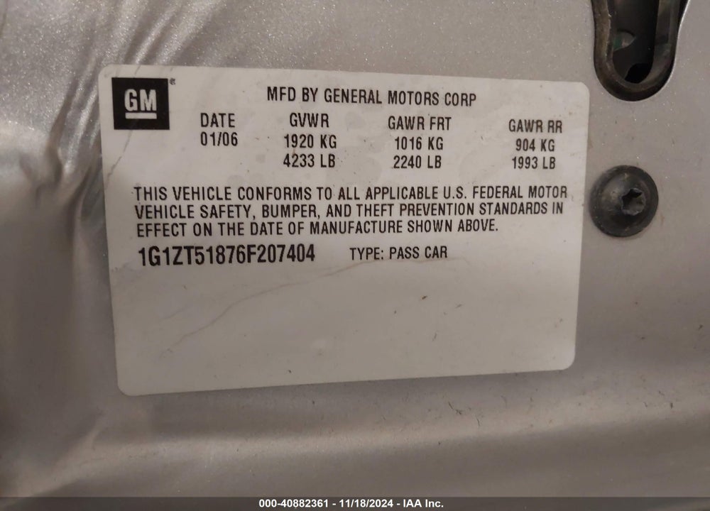 2006 CHEVROLET MALIBU LT VIN: 1G1ZT51876F207404