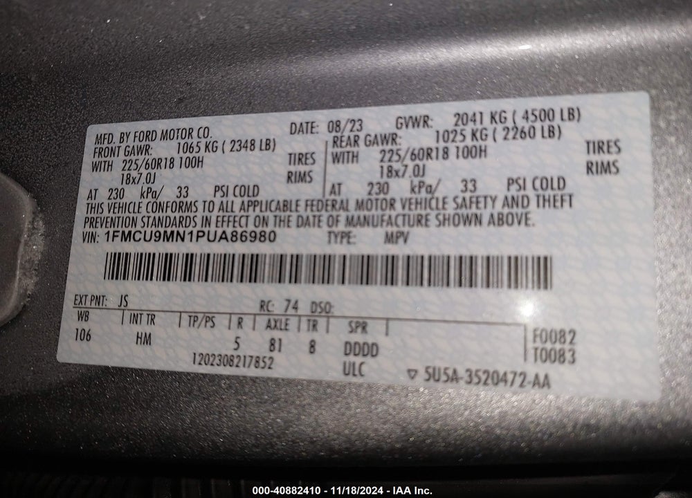 2023 FORD ESCAPE ST LINE VIN: 1FMCU9MN1PUA86980