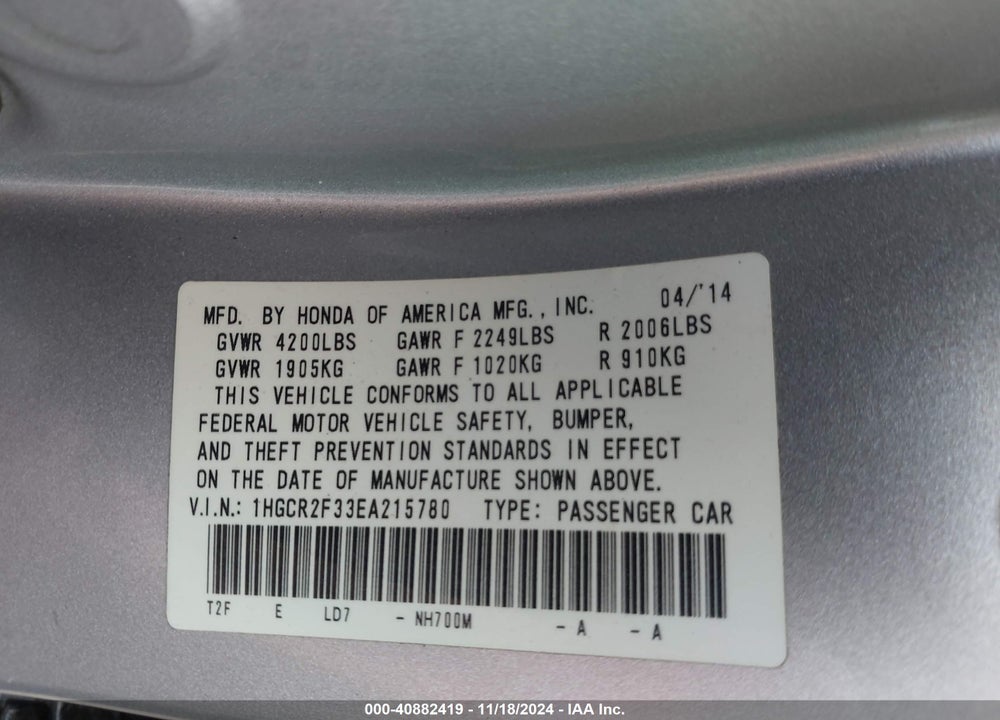 2014 HONDA ACCORD LX VIN: 1HGCR2F33EA215780