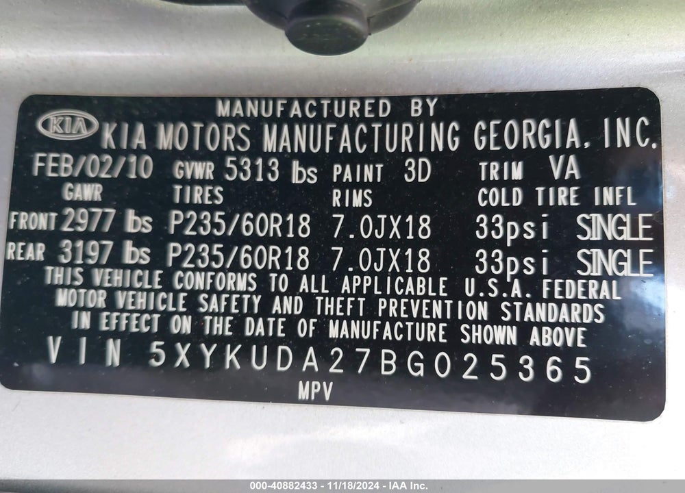 2011 KIA SORENTO EX V6 VIN: 5XYKUDA27BG025365