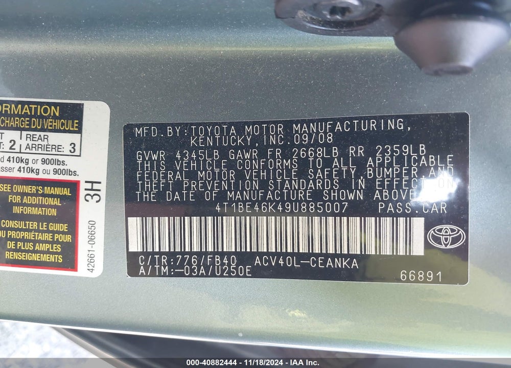 2009 TOYOTA CAMRY LE VIN: 4T1BE46K49U885007