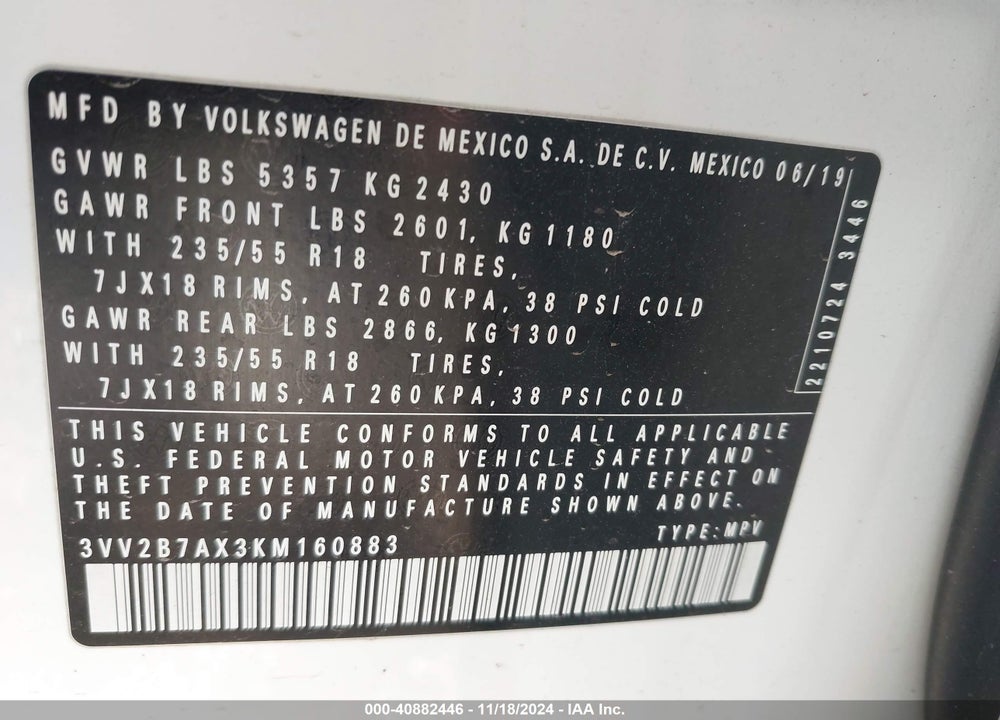 2019 VOLKSWAGEN TIGUAN 2.0T SE/2.0T SEL/2.0T SEL R-LINE/2.0T SEL R-LINE BLACK VIN: 3VV2B7AX3KM160883