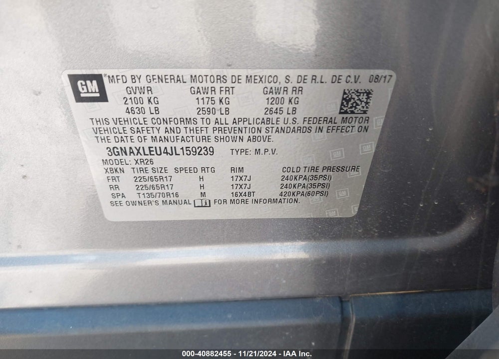 2018 CHEVROLET EQUINOX LT VIN: 3GNAXLEU4JL159239