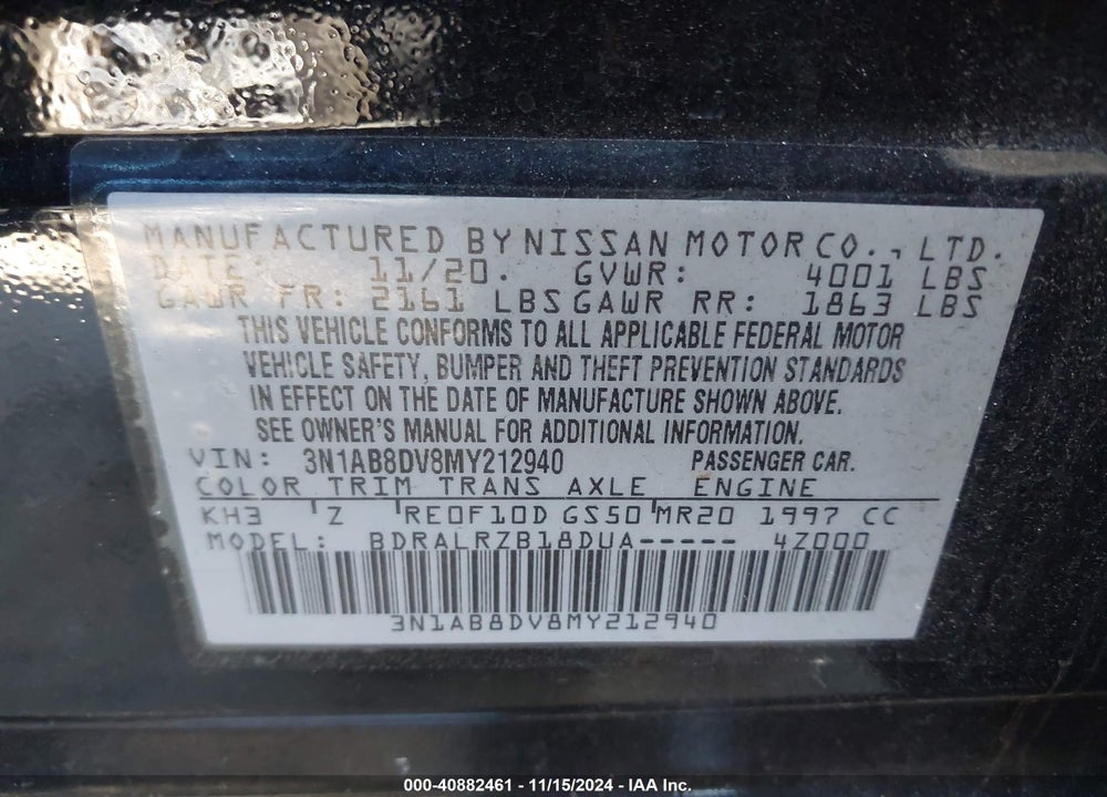 2021 NISSAN SENTRA VIN: 3N1AB8DV8MY212940
