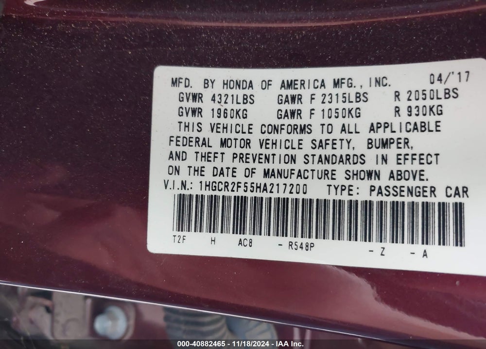 2017 HONDA ACCORD SPORT VIN: 1HGCR2F55HA217200