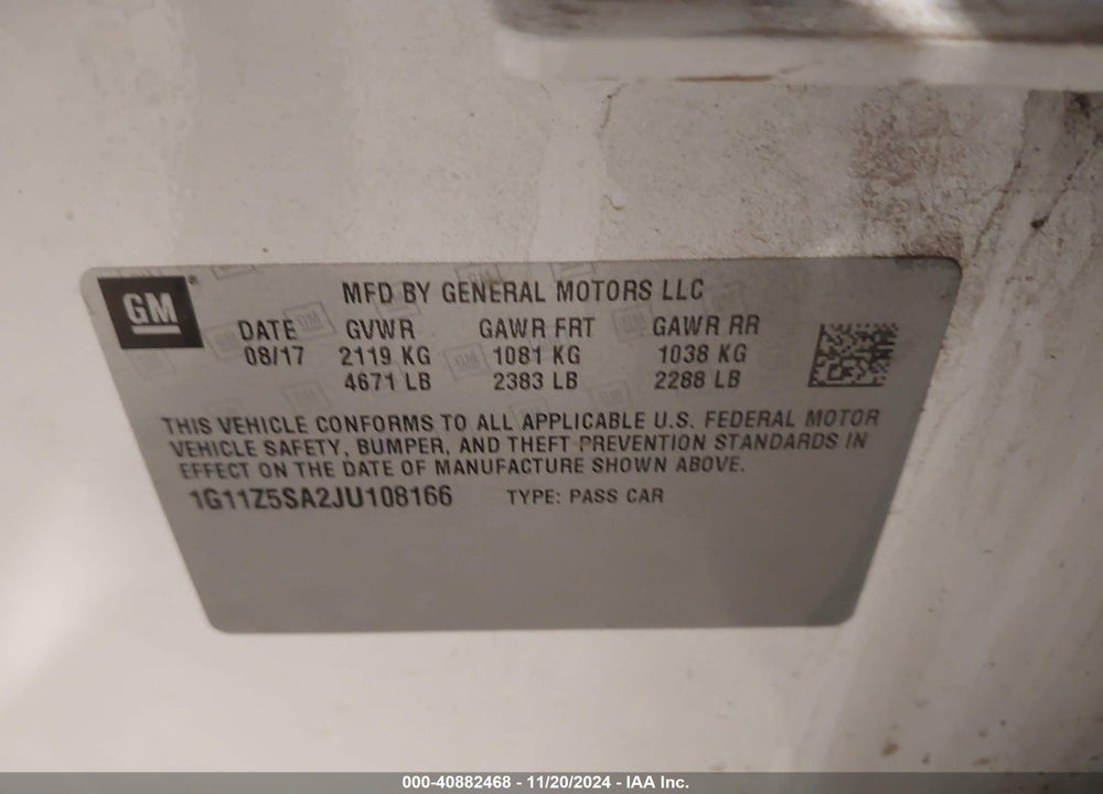 2018 CHEVROLET IMPALA LS VIN: 1G11Z5SA2JU108166