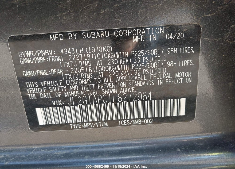 2020 SUBARU CROSSTREK VIN: JF2GTAPC1L8272964