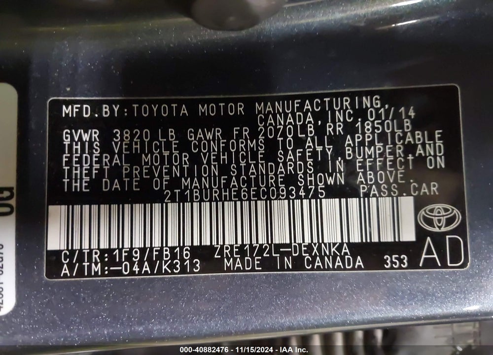2014 TOYOTA COROLLA LE VIN: 2T1BURHE6EC093475