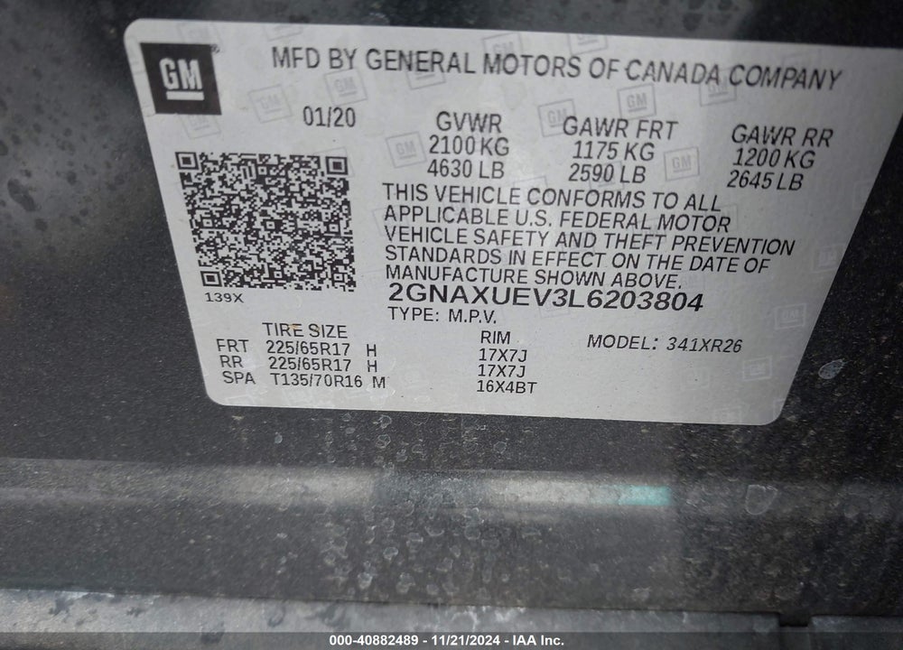 2020 CHEVROLET EQUINOX AWD LT 1.5L TURBO VIN: 2GNAXUEV3L6203804