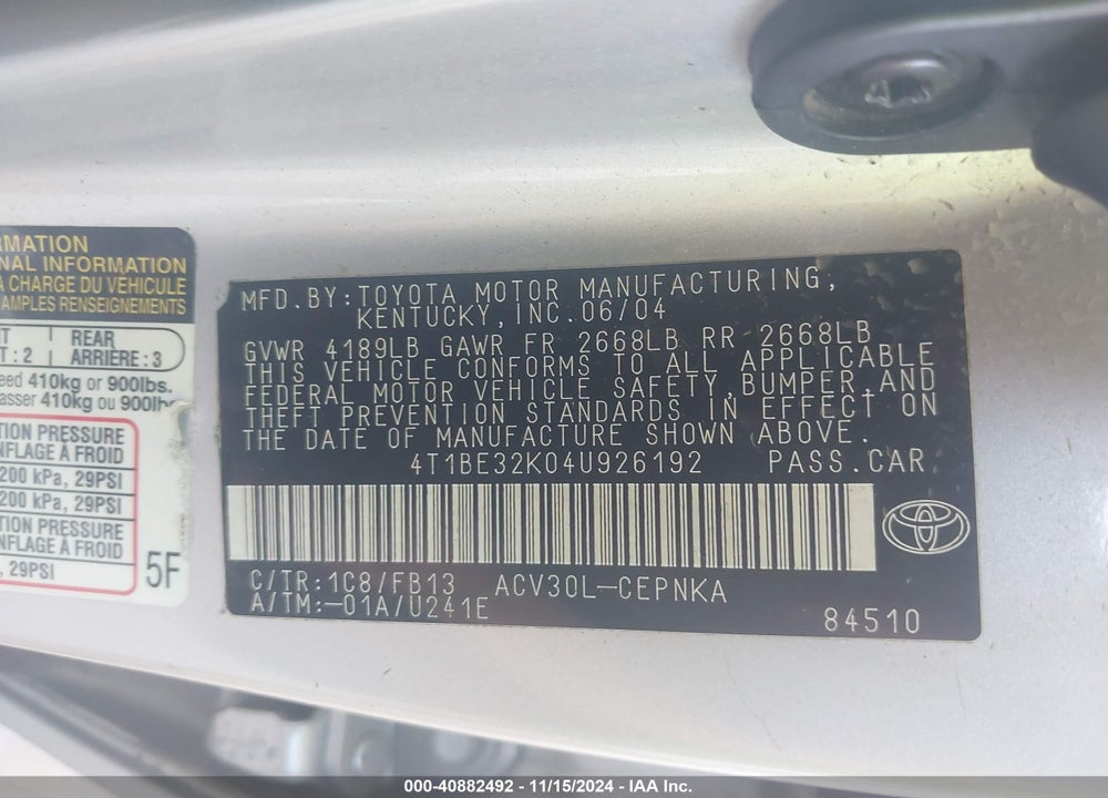 2004 TOYOTA CAMRY LE VIN: 4T1BE32K04U926192