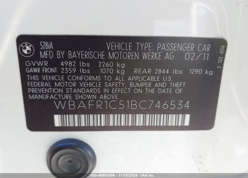 2011 BMW 528I VIN: WBAFR1C51BC746534