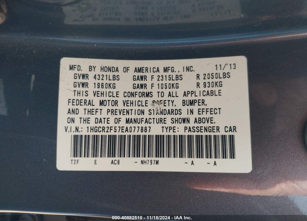 2014 HONDA ACCORD SPORT VIN: 1HGCR2F57EA077887