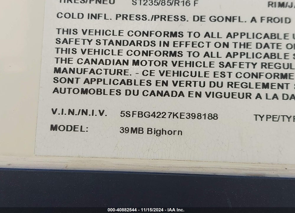2019 BIG HORN --- VIN: 5SFBG4227KE398188